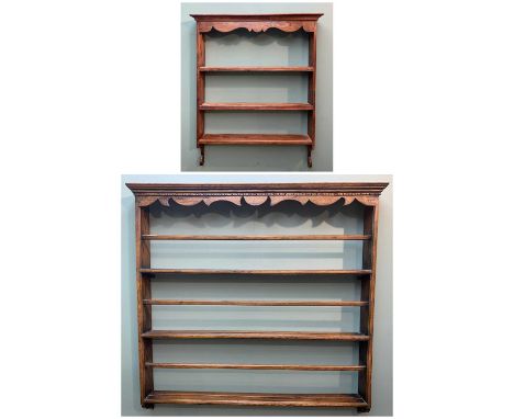 SMALL OAK DELFT RACK, 100cms wide x 102cms high, together with a stained pine miniature wall shelf, similar (2)