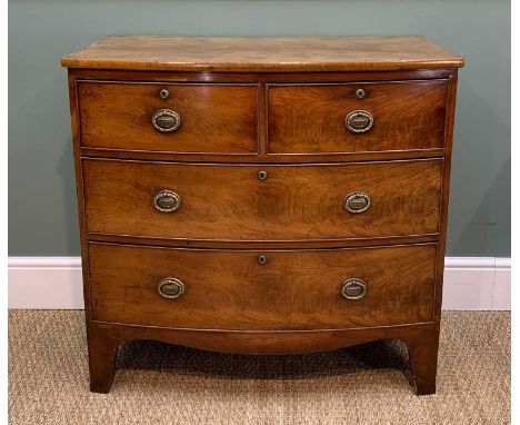 REGENCY BOW-FRONT MAHOGANY CHEST, fitted two short and two long drawers, high bracket feet, 85.5h x 89w x 49cmsComments: top 