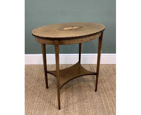 EDWARDIAN MAHOGANY MARQUETRY OCCASSIONAL TABLE, crossbanded edge, top inlaid with musical instruments and music scores, taper