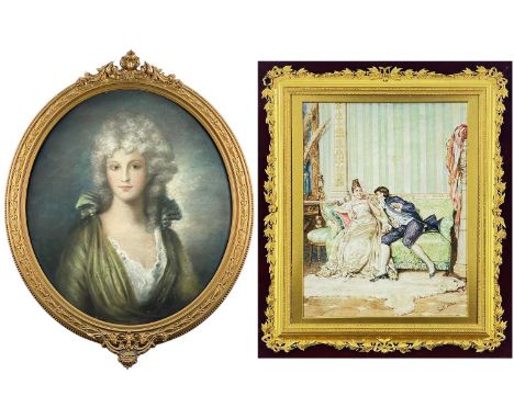 TWO PICTURES, including L. COPPI (19th Century) watercolour - The Proposal, signed, in period giltwood &amp; gesso laurel lea