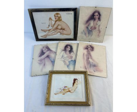 A collection of vintage framed &amp; glazed adult erotic colour prints. To include 2 by Vargas and a set of 4 10" x 8" prints