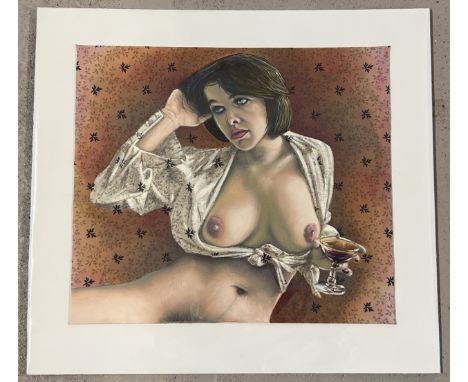 Krys Leach, local artist - nude oil on patterned fabric, entitled "Port wine". Mounted on board &amp; cellophane wrapped. Tit