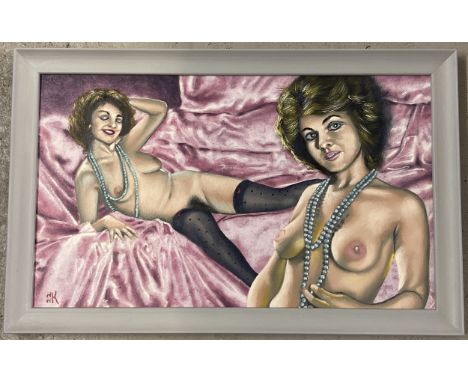 Krys Leach, local artist - nude oil on canvas board in painted wood frame, entitled "Perm &amp; Pearls". Signed to lower left