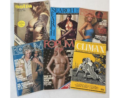 6 assorted vintage smaller sized adult erotic magazines to include Climax, Astra, Forum and Search. 