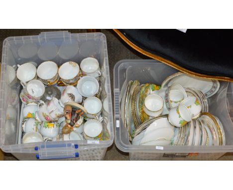 2 BOXES WITH ASSORTED TEA WARE, HUMMEL FIGURINE ETC     