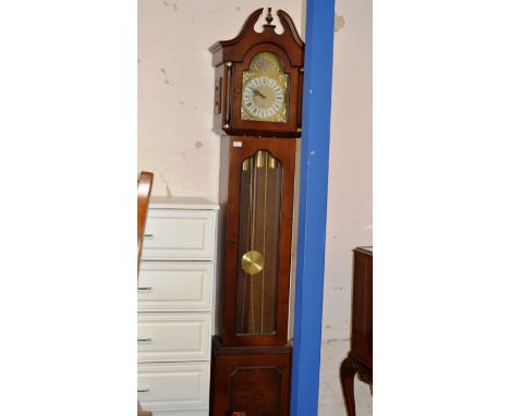 REPRODUCTION MAHOGANY FINISHED GRANDFATHER CLOCK WITH WEIGHTS &amp; PENDULUM     