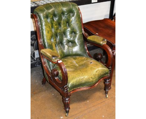 VICTORIAN MAHOGANY &amp; GREEN LEATHER BUTTON BACK CLUB CHAIR ON BRASS CASTORS     