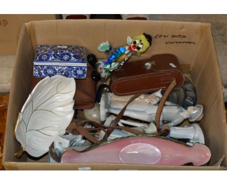 BOX WITH CARLTON WARE DISH, MALING BASKET, NAO STYLE FIGURINES, CLOWN ORNAMENT ETC     