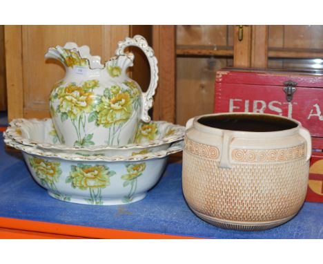 BRETBY POTTERY PLANTER, PAIR OF FLORAL BASINS &amp; 1 MATCHING EWER     