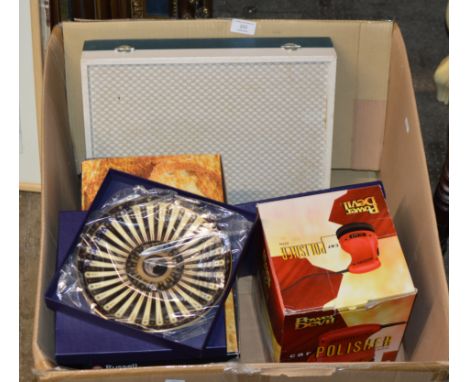 BOX CONTAINING CAR POLISHER, TOASTER IN BOX, ROYAL WORCESTER DISHES ETC     