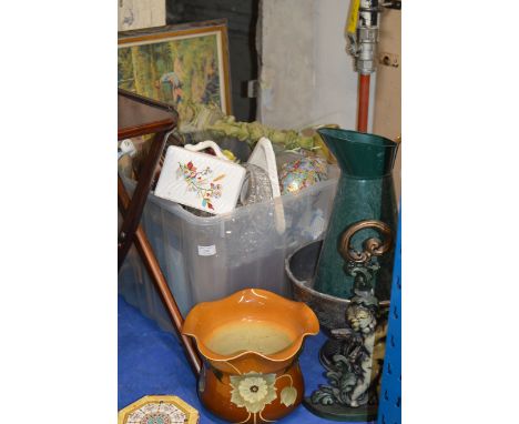 POTTERY PLANTER, REPRODUCTION DOOR STOP, DECORATIVE EWER, FRAMED PICTURE &amp; BOX WITH MIXED CERAMICS, GLASS WARE ETC     