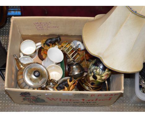 BOX WITH MOORCROFT STYLE LAMP, VARIOUS ANIMAL ORNAMENTS, ROYALTY WARE ETC     