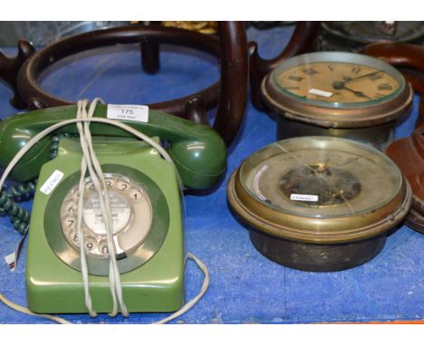 VINTAGE TELEPHONE, BAROMETER, CLOCK &amp; PAIR OF BELLOWS     