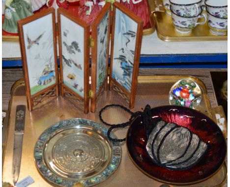 TRAY CONTAINING DECORATIVE ENAMEL DISH SIGNED ON BASE, CHINESE TABLE SCREEN, MEXICAN SILVER DISH, LETTER OPENER, COLOURED GLA