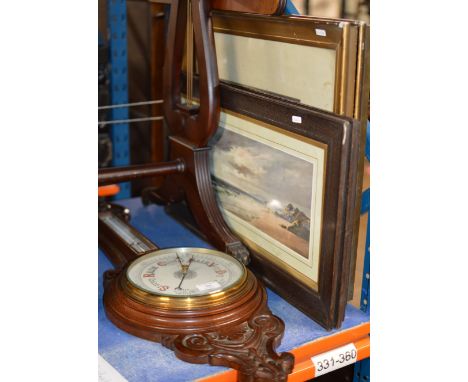 MAHOGANY CASED COMBINATION BAROMETER &amp; 4 VARIOUS WATERCOLOURS     
