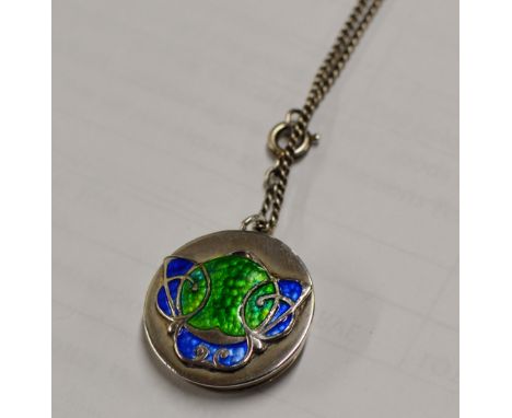 ART NOUVEAU STERLING SILVER &amp; ENAMEL PHOTOGRAPH LOCKET PENDANT ON CHAIN     