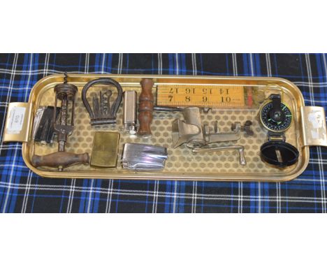 TRAY CONTAINING VARIOUS OLD CORKSCREWS, CIGARETTE LIGHTERS, COMPASS ETC     