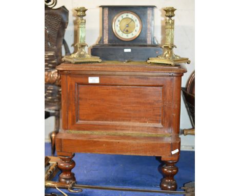 VICTORIAN MAHOGANY COMMODE, VICTORIAN SLATE MANTLE CLOCK WITH ROUGE MARBLE INLAY &amp; PAIR OF ORNATE BRASS CANDLE STICKS    