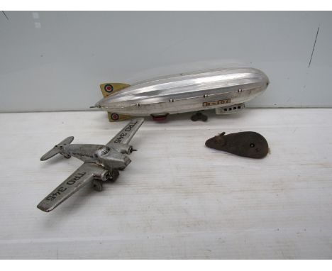 Clockwork tinplate toys including R-101 Airship, Tro 345 plane and Schuco mouse