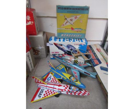 Assorted boxed and loose tinplate aircraft including Brimtoy Wonderjet (6)