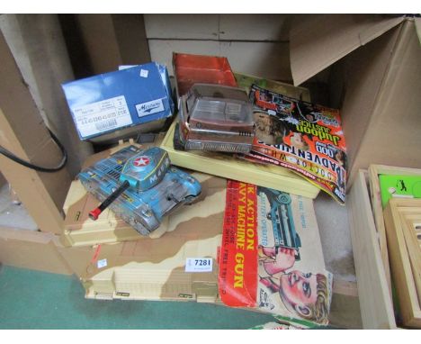 Assorted toys including tinplate M7 Kick Action Machine Gun, tinplate tank, Fisher Price Activity Centre, Doctor Who figures 