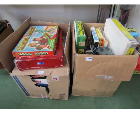 Two boxes of mixed games to include Magic Robot, Stylophone etc