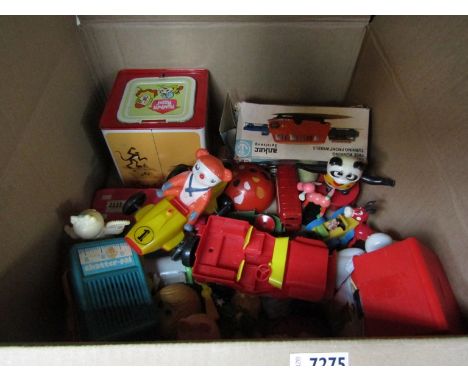 A box of mixed 1970s/80s toys including jack-in-the-box, marbles, Mattel Chatter Pal etc