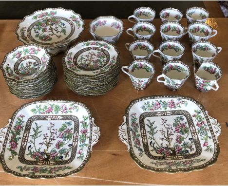 A part Coalport 'Tea Tree' tea service, comprising:- 12 cups (one damaged), 12 saucers, 12 side plates, two serving platters,