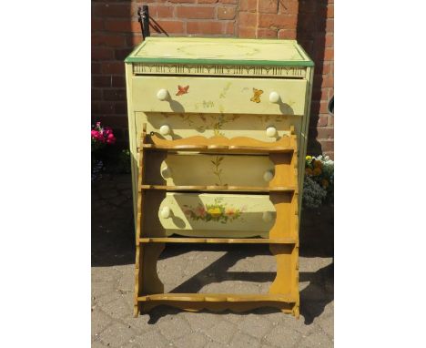 A hand painted small chest of 4 drawers lebus furniture and a small pine wall display shelf