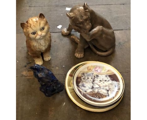 A Copenhagen mountain lion, a bluebell ware blue bird (as found) , 4 cat related decorative plates and a melba ware cat