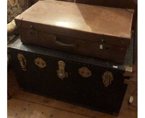 A brass bound cabin trunk and an early 20th century Everwear leather suitcase