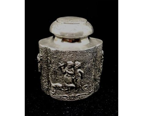 A very decorative German 19th century silver plated tea caddy, repousse design of children in natural surroundings 10cm H&nbs