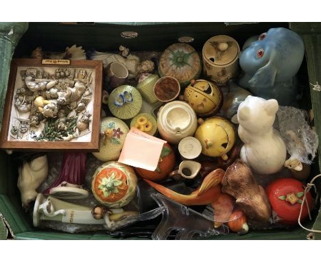 A monkey teapot, wade health teapot, E Radford bowl plus a tray of mixed ceramics to include animals and a collection of marm