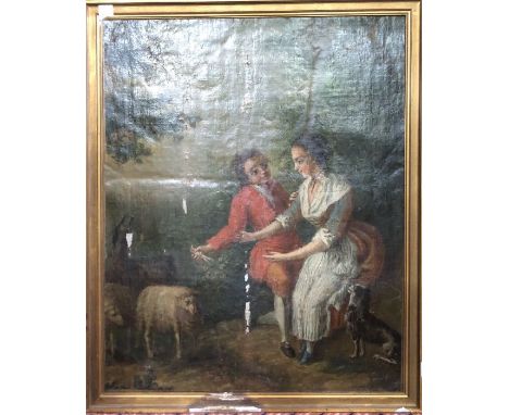 OIL PAINTING OF COUNTRY SCENE , PLAYING FIGURES,DOG, SHEEP. 69 x 56 cm. Some losses.&nbsp;