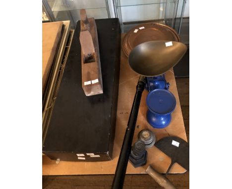 A contemporary barometer/thermometer, a 19th century copper warming pan with ebonized handle, a set of scales and weights etc
