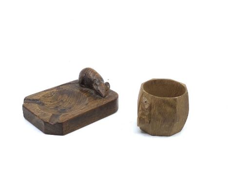 Robert 'Mouseman' Thompson,&nbsp;a carved oak ash tray with mouse, 10cm W, 7.5cm D, 4cm H, together with a carved oak napkin 