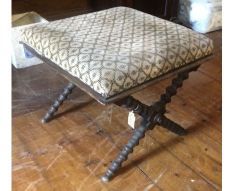 A 19th century, square upholstered top stool, raised on bobbin turned x-frame legs, 47cm H x 54cm W x 54cm D&nbsp;