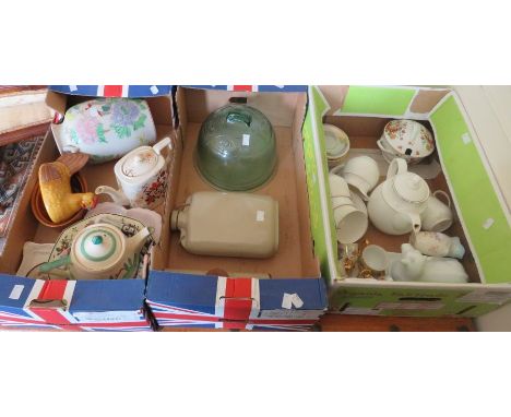 Three boxes of mixed ceramics and glass to include art deco teapot stoneware flasks, oriental teapot, glass cheese dome etc.