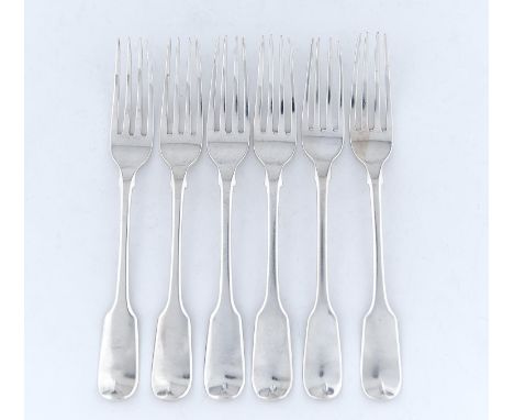 A SET OF SIX GEORGE IV SILVER DESSERT FORKS, FIDDLE PATTERN, CRESTED, BY WILLIAM TRAIES, LONDON 1828, 7OZS 17DWTS Light wear