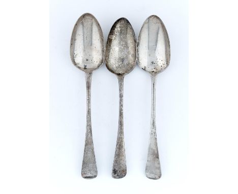 ONE AND PAIR OF GEORGE III SILVER TABLE SPOONS, OLD ENGLISH PATTER, BOTH LONDON, THE PAIR BY SARAH PURVER, LONDON 1817, 6OZS 