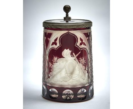 A BOHEMIAN PEWTER&nbsp; MOUNTED AND ENGRAVED RUBY CASED GLASS TANKARD, ATTRIBUTED TO FRANZ PAUL ZACH, C1860, WITH A TROPHY OF