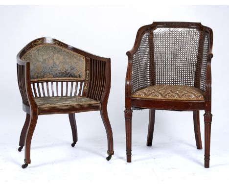 A LATE VICTORIAN SALON TUB CHAIR, C1895, INLAID OVERALL WITH IVORY STRINGING, THE BACK WITH PANEL INLAID WITH SEA DRAGONS AND