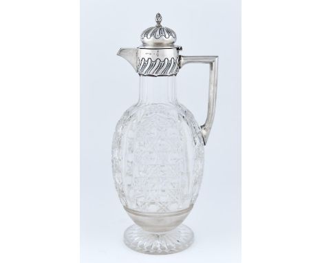 A VICTORIAN SILVER MOUNTED CUT GLASS CLARET JUG, WITH WRYTHEN FLUTED BIRD'S KNOP, BUN LID AND COLLAR, 30CM H, BY HIRONS &amp;