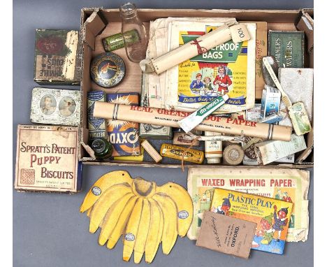 VINTAGE ADVERTISING. A QUANTITY OF SHOWCARDS, PRINTED PAPER BAGS, TINS, BOTTLES AND CARDBOARD BOXES, FIRST HALF 20TH C, MAINL