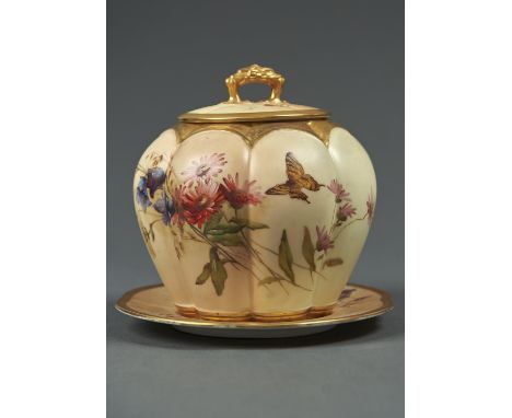 A ROYAL WORCESTER LOBED OVOID MELON JAR, COVER AND STAND, 1900,&nbsp; PRINTED AND PAINTED WITH A BUTTERFLY AND NATURALISTIC F