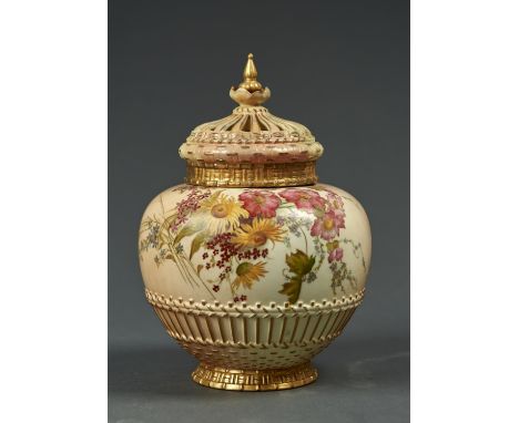 A ROYAL WORCESTER ROSE JAR AND COVER, 1899, OF BASKET MOULDED GLOBULAR FORM WITH PAGODA COVER, PRINTED AND PAINTED WITH NATUR