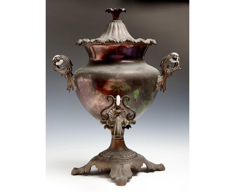 A VICTORIAN COPPER TEA URN AND COVER, C1850, WITH MILCHGLASS HANDLES, 47CM H, MARKED UNDER THE COVER WARRANTED BEST LONDON MA