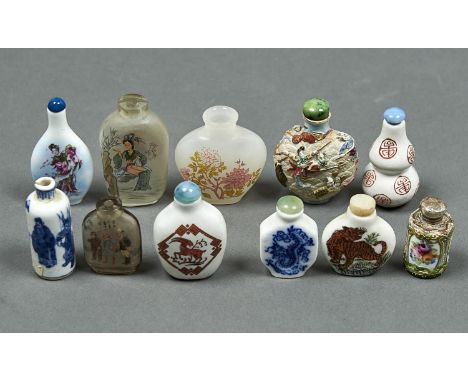 TEN CHINESE INTERIOR PAINTED AND OTHER GLASS AND PORCELAIN SNUFF BOTTLES, 20TH C, LARGEST 75MM H, VARIOUSLY MARKED OR UNMARKE