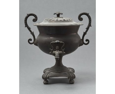 A WILLIAM IV COPPER TEA URN AND COVER, C1830, OF CAMPANA SHAPE WITH FLOWER KNOP AND ACANTHUS CLAD S SCROLL HANDLES, ON REEDED