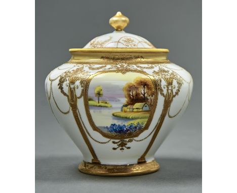 A NORITAKE VASE AND COVER, EARLY 20TH C, THE VASE PAINTED WITH FOUR RURAL LANDSCAPE MEDALLIONS BETWEEN RAISED GILT PILLARS, 1